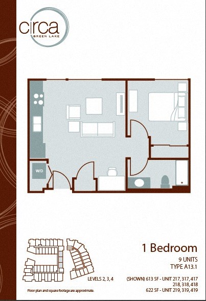 Floor plan for 1 bed, 1 bath, 613 sqft